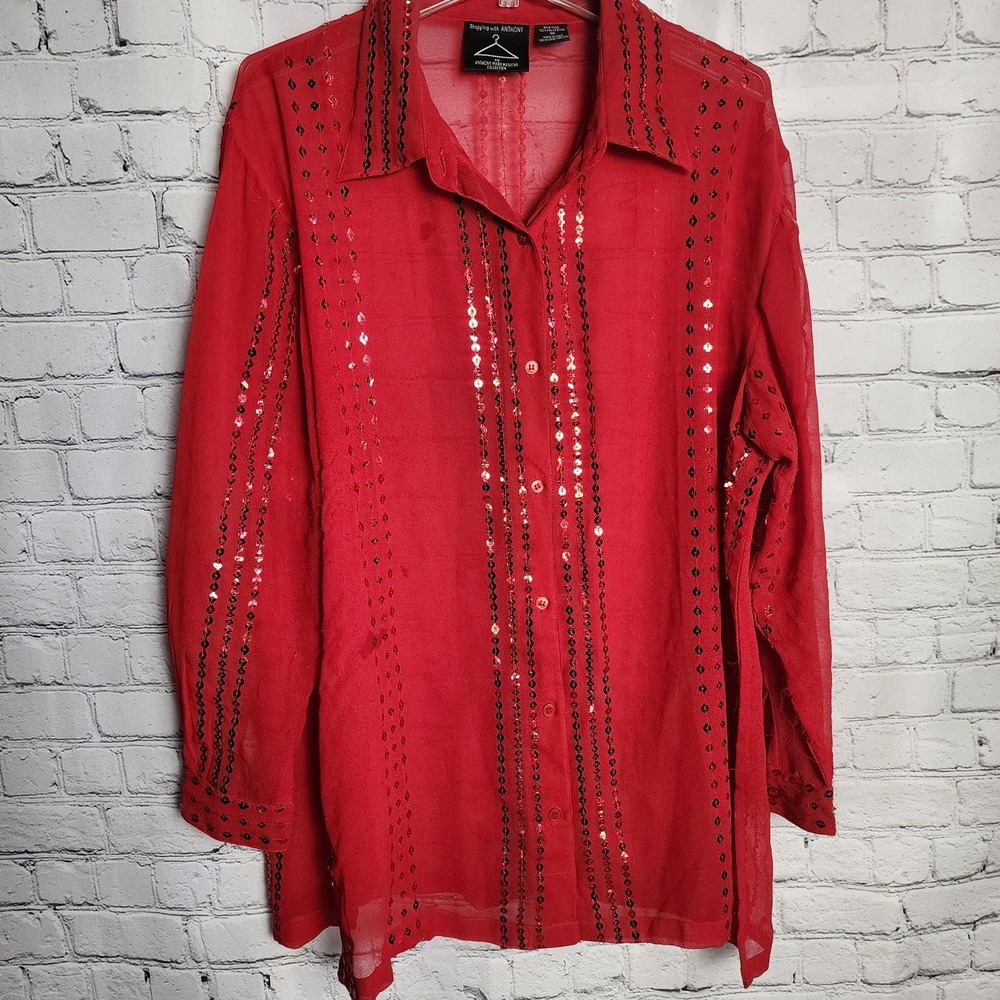 Anthony Mark Hankins Red Sequin Striped Button Up Blouse Plus 1X